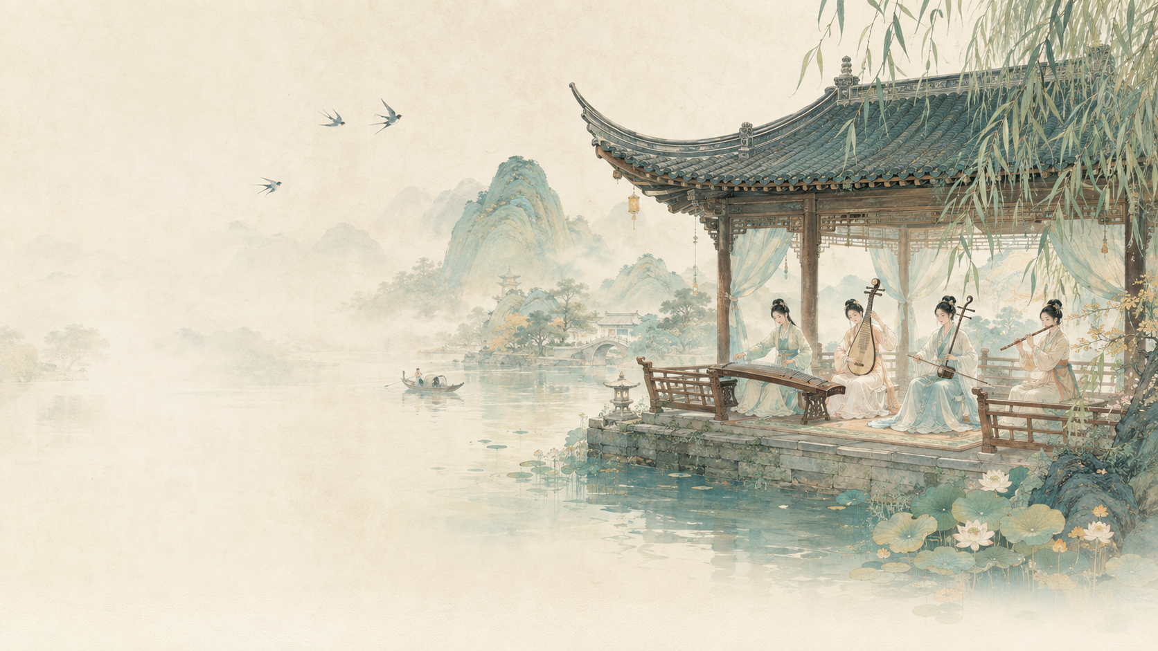 青绿山水之间，汉服乐师在临水亭中合奏古筝、琵琶、二胡与竹笛